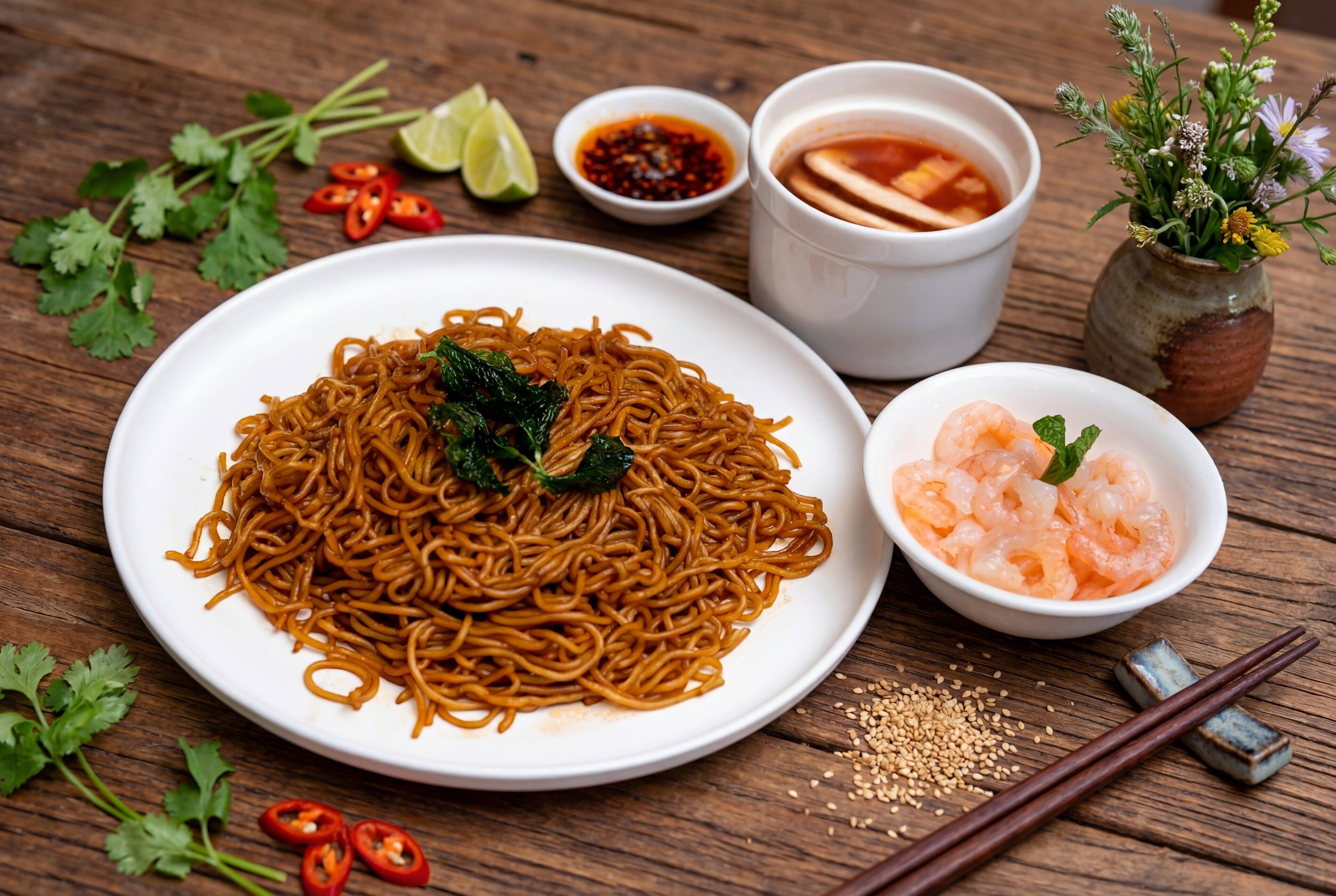 A plate of noodles garnished with herbs, a bowl of shrimp, and condiments on a wooden table.