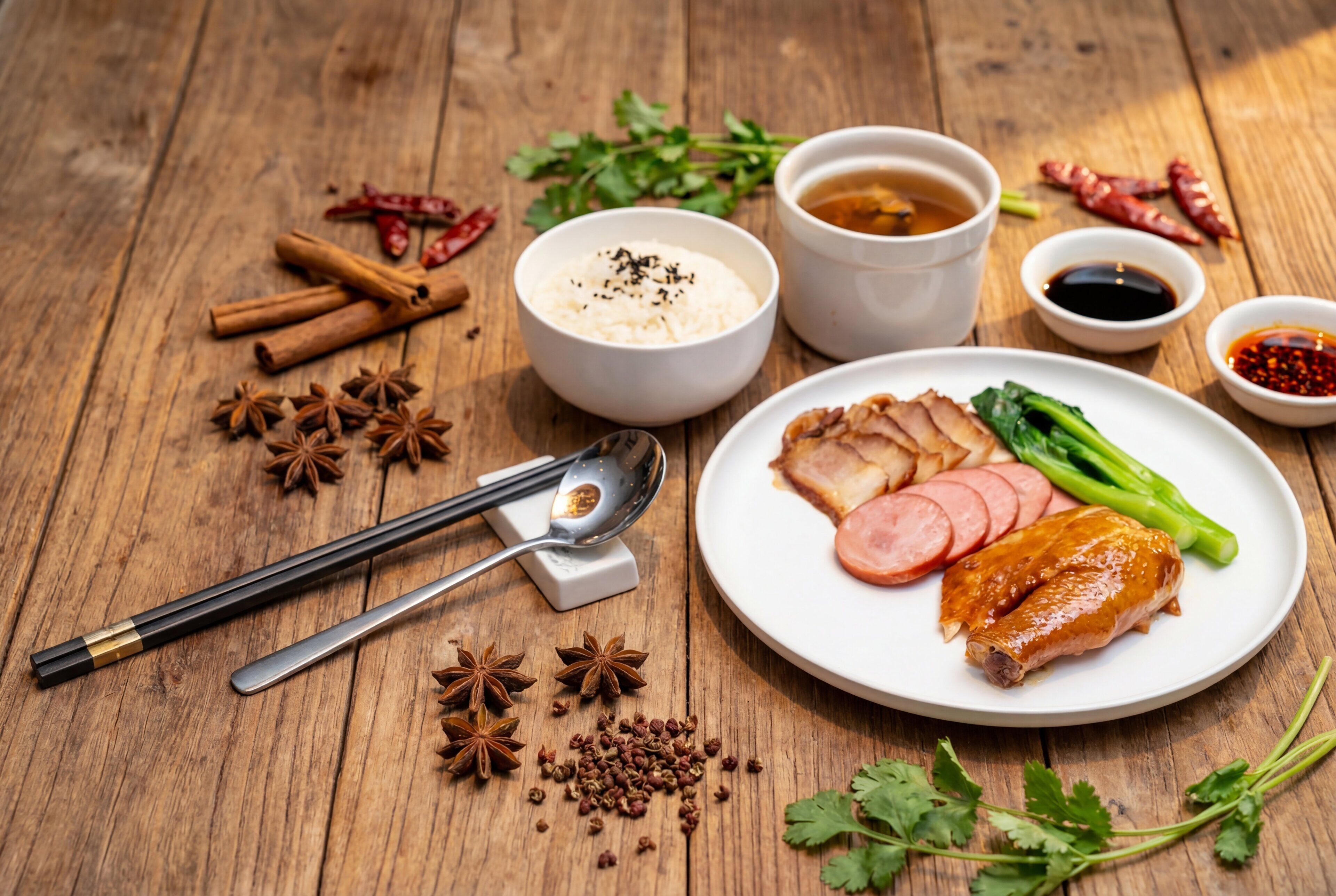 A wooden table with various food items, including sliced meat, vegetables, and condiments.