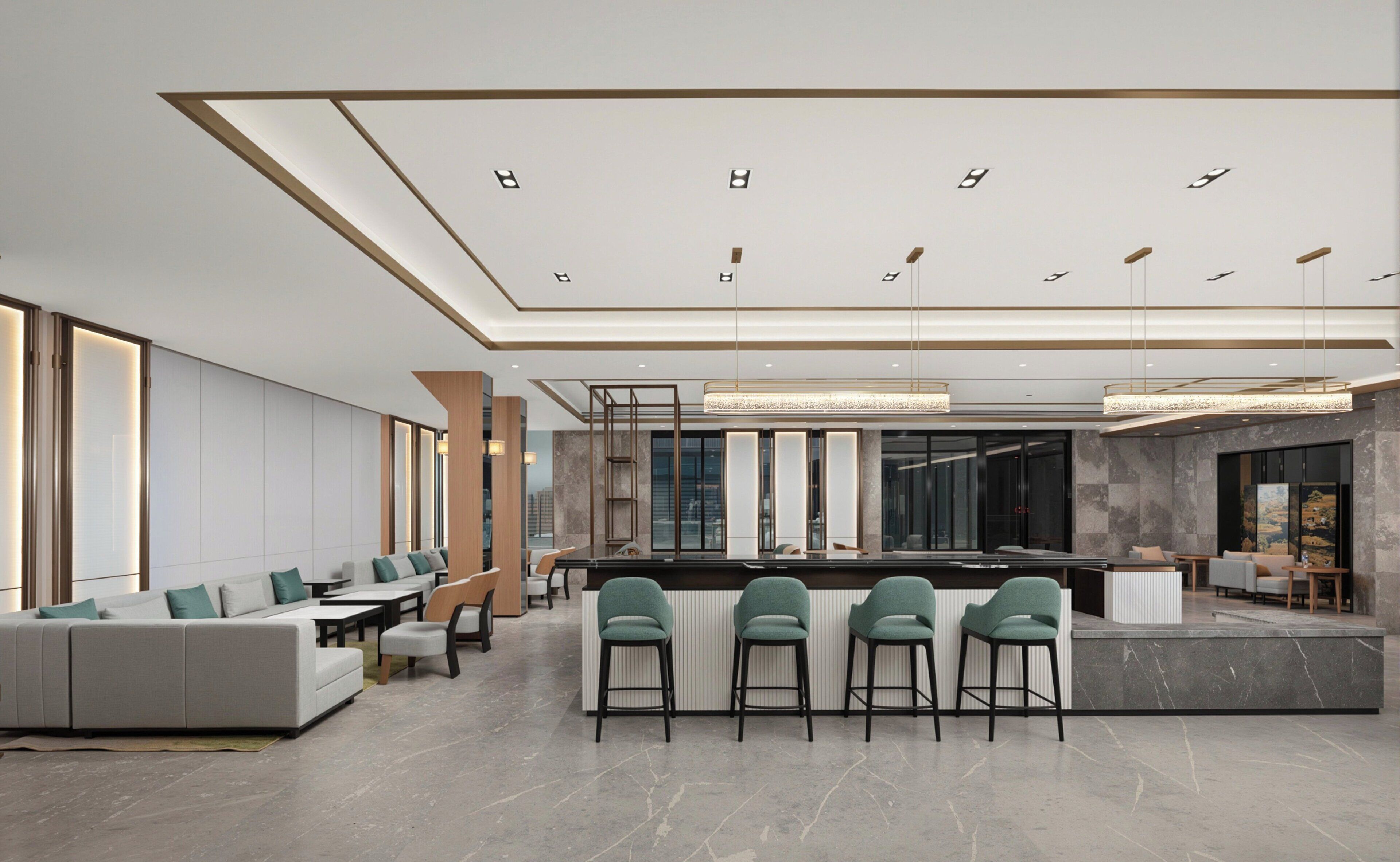 Un intérieur moderne avec un bar, des sièges et une grande fenêtre.