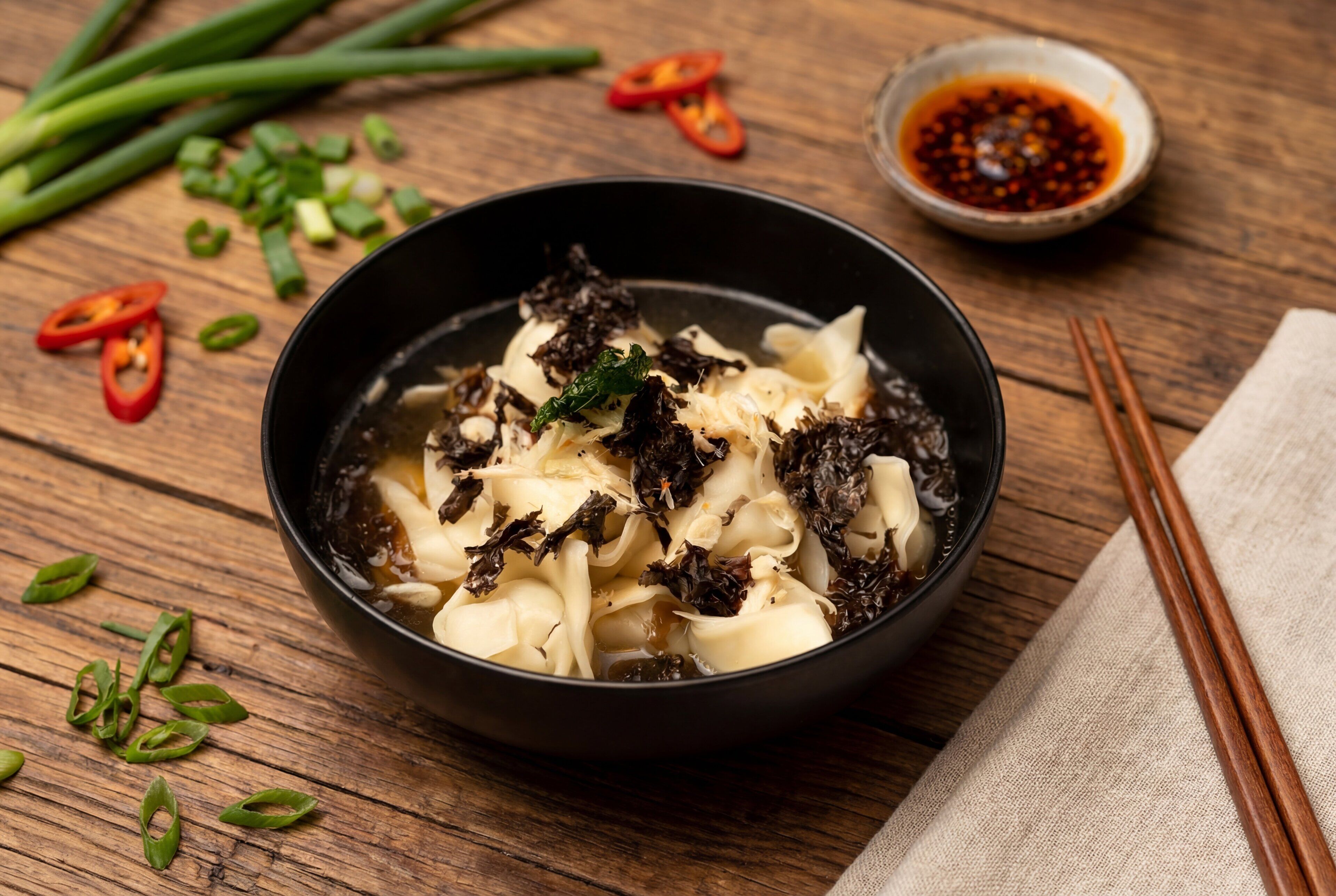 A bowl of noodles with seaweed and green onions on a wooden table.