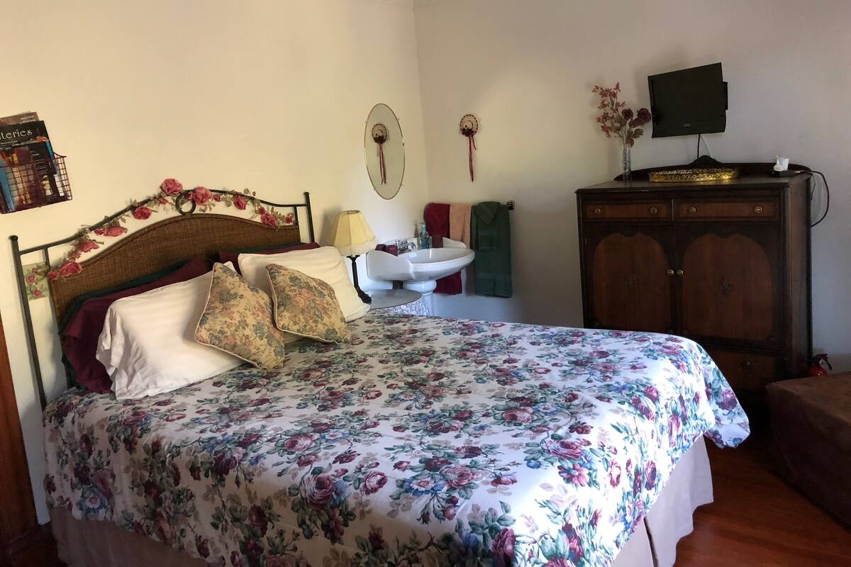 A bedroom with a bed, a bedside table, a dresser, a mirror, and a television.