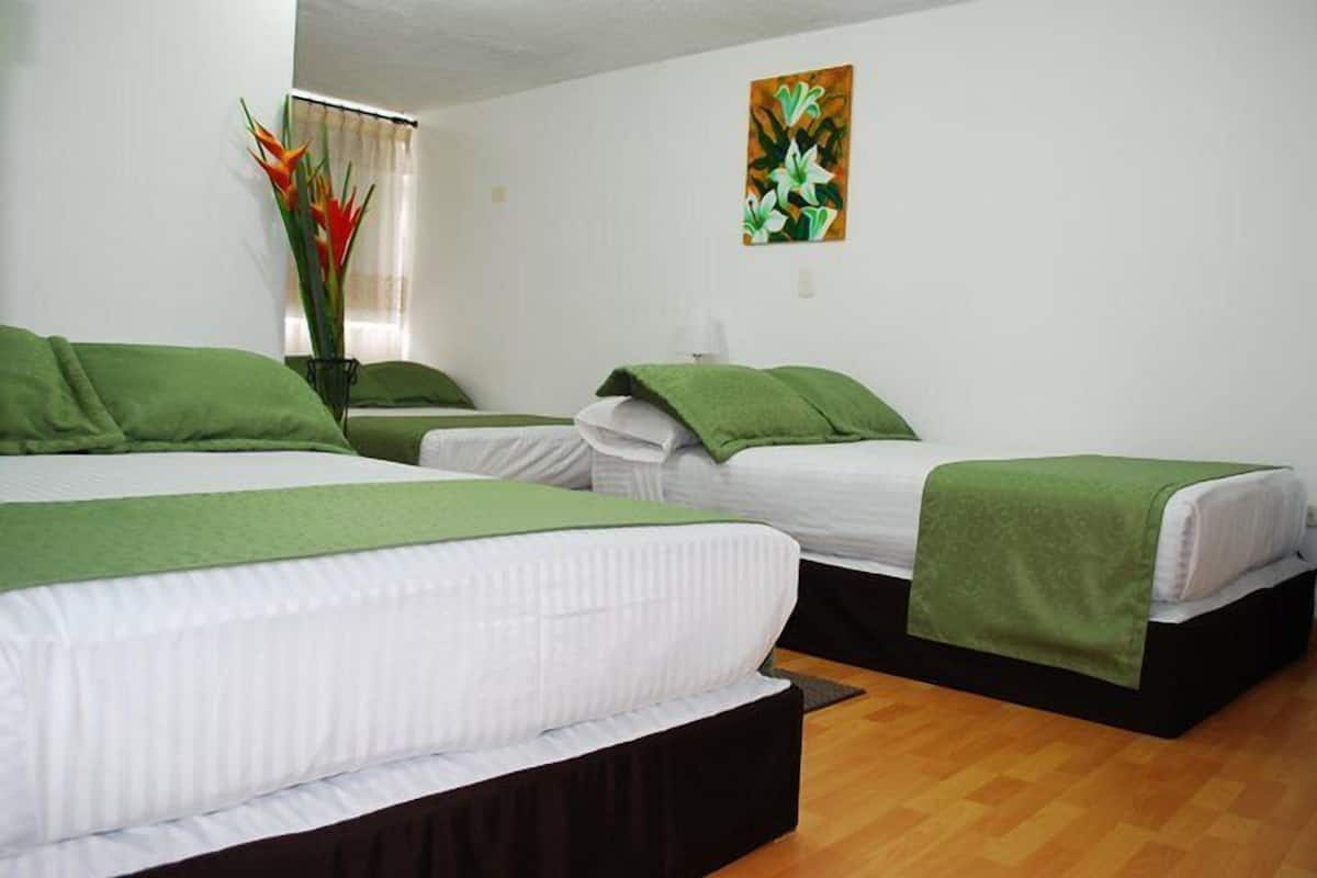 A hotel room with three beds, each with green bedding and white pillows. There is a painting on the wall and a potted plant by the window.