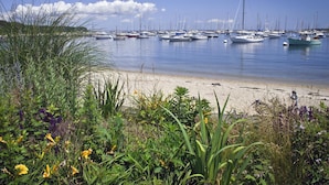 A marina with numerous boats docked, a sandy beach, and lush greenery in the foreground. - The Oak Bluffs Inn (Oak Bluffs)