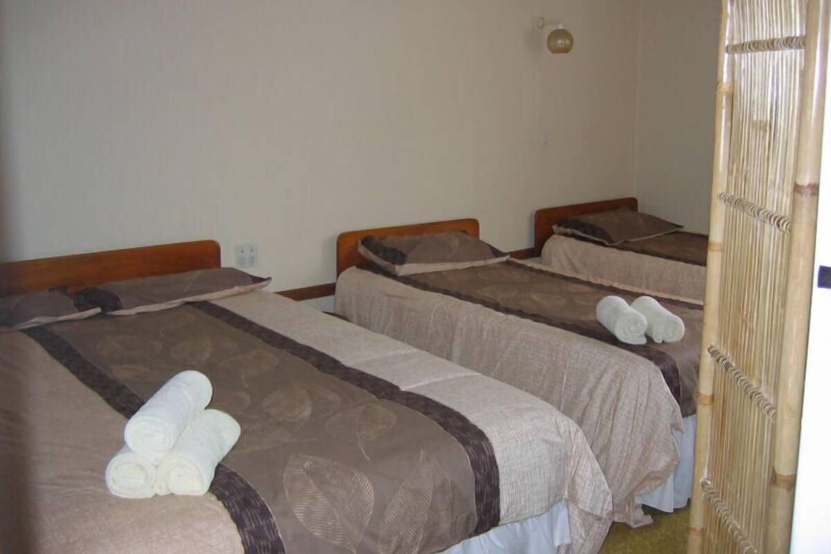 A hotel room with three single beds, each with a brown bedspread and white towels.