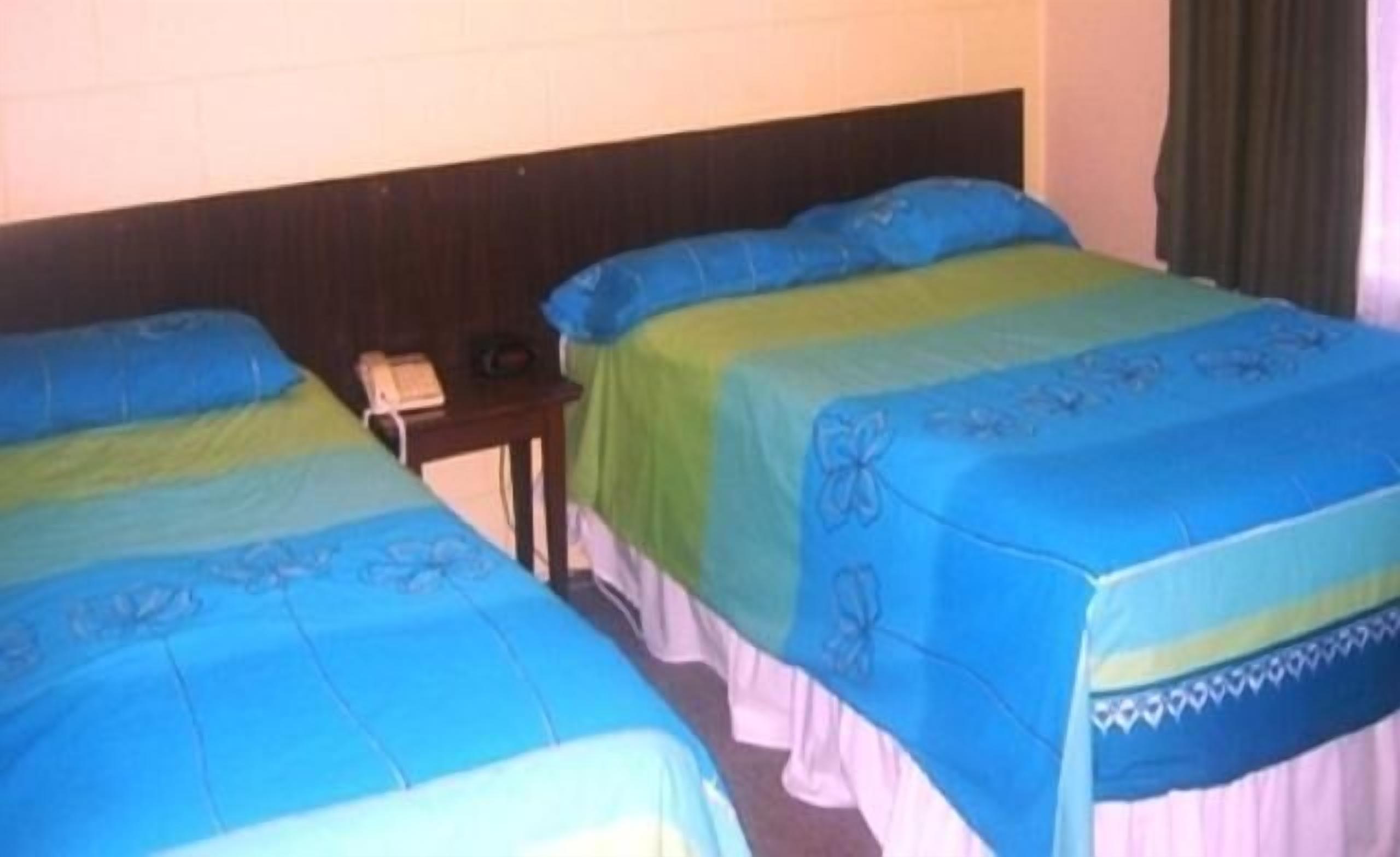 Dos camas individuales con ropa de cama azul y verde, una mesita de noche con un teléfono y un cabecero oscuro.