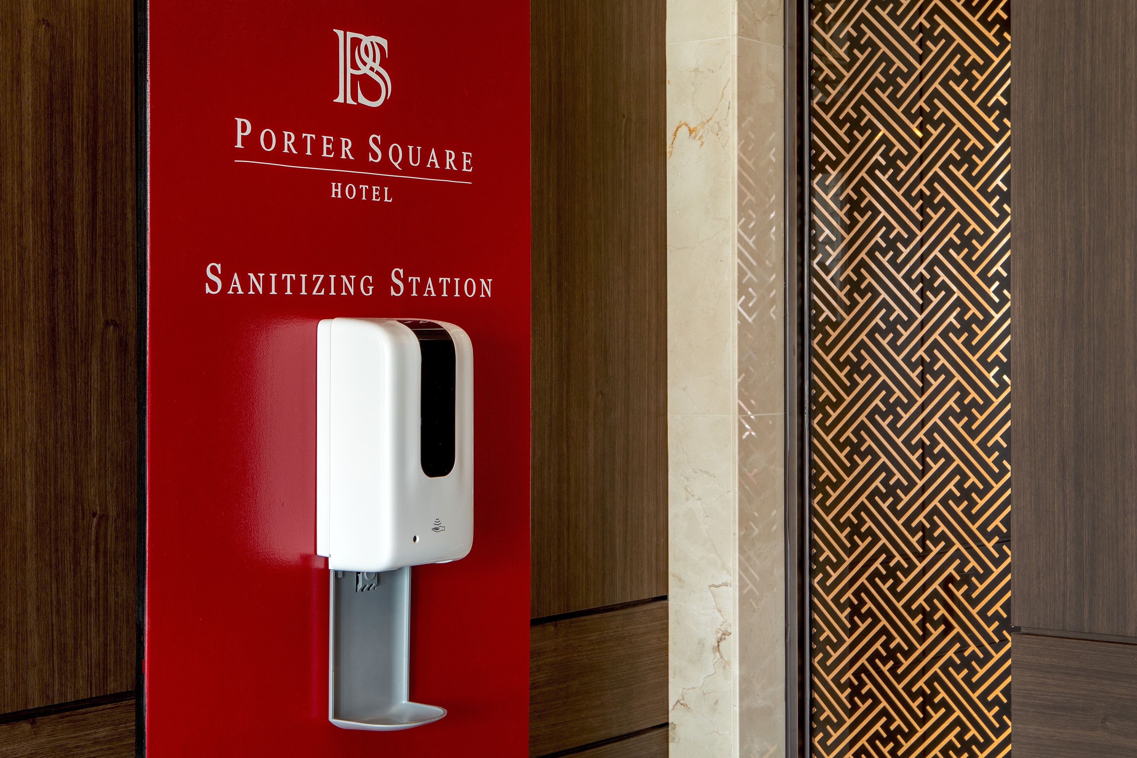 A sanitizing station at the Porter Square Hotel.