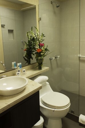 Apartment | Bathroom | Shower, hair dryer, slippers, towels