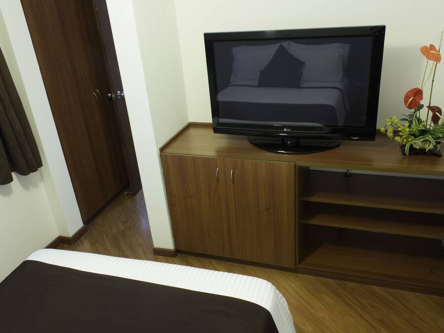 A hotel room with a bed, a TV on a wooden cabinet, and a potted plant.