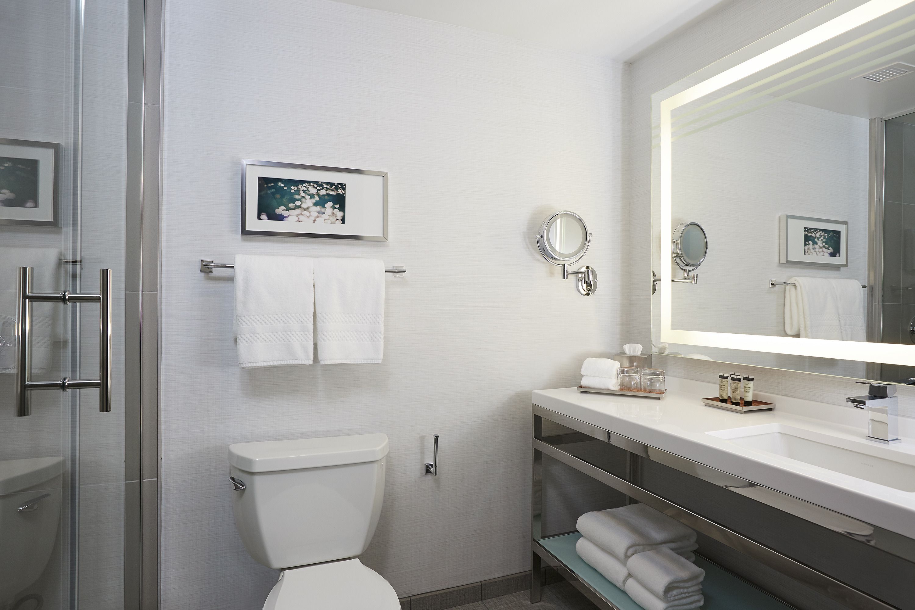 shower, designer toiletries, hair dryer, bathrobes