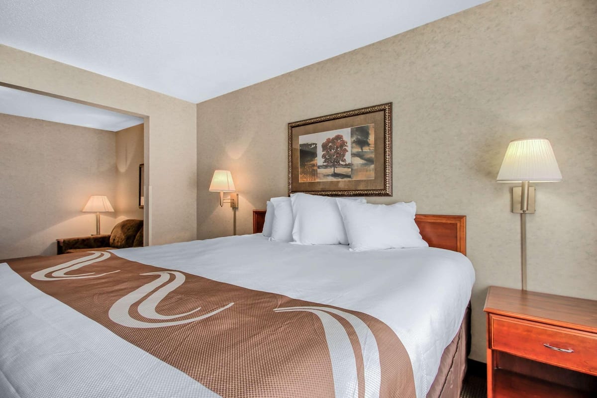 A hotel room with a large bed, two bedside lamps, a framed painting on the wall, and a wooden nightstand.