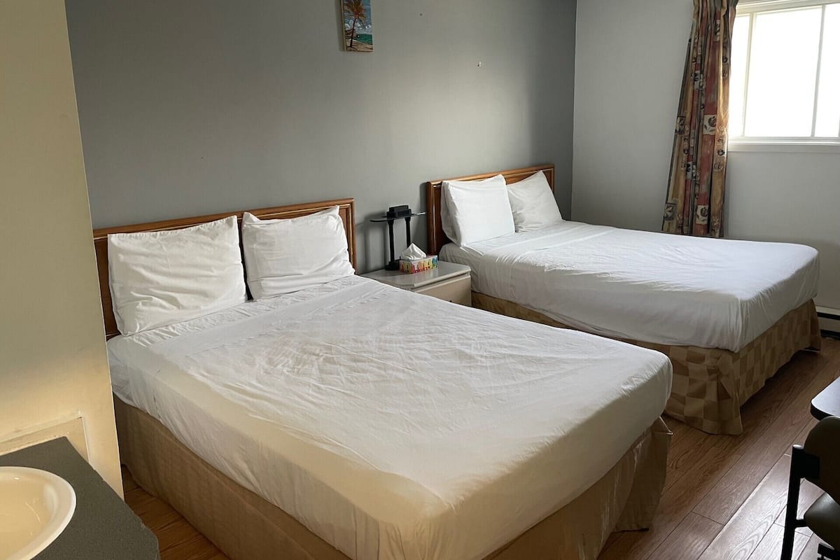 Quarto de hotel com duas camas de solteiro, uma mesinha de cabeceira com abajur, uma janela com cortinas e um quadro na parede.
