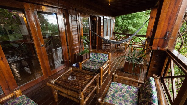 Um deck de madeira com rede, assentos acolchoados e vasos de plantas.