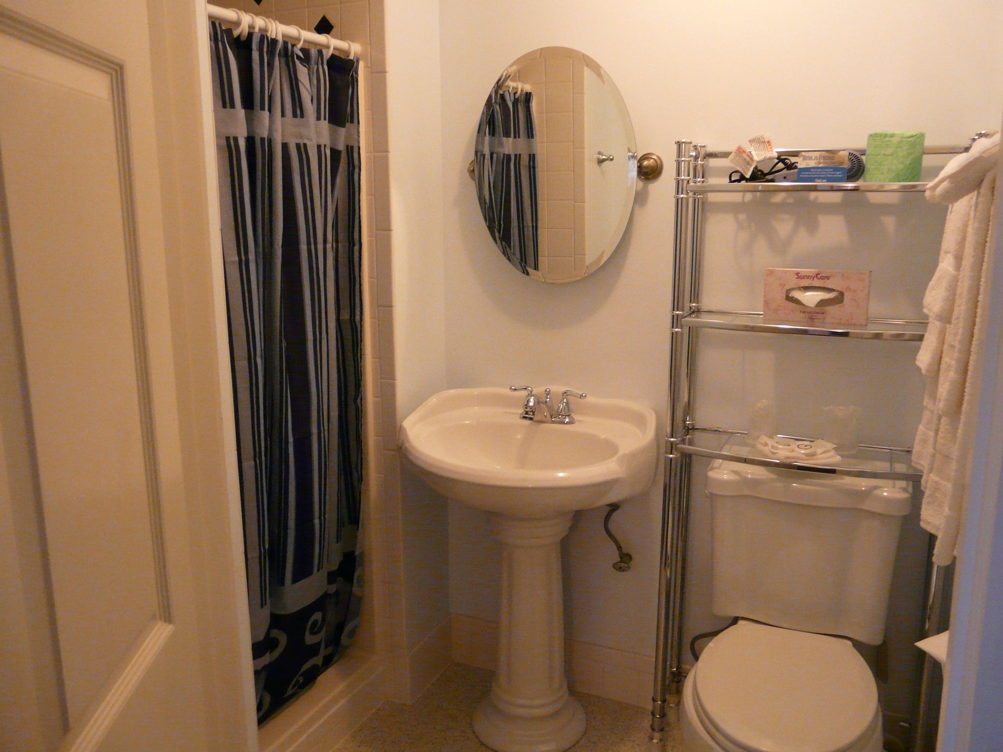 Een badkamer met een wastafel op een voetstuk, een toilet, een spiegel en een douchegordijn.