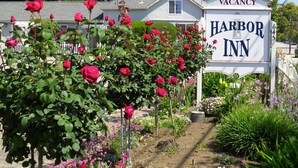 A sign for Harbor Inn with a garden of roses in front. - Harbor Inn (Santa Cruz)
