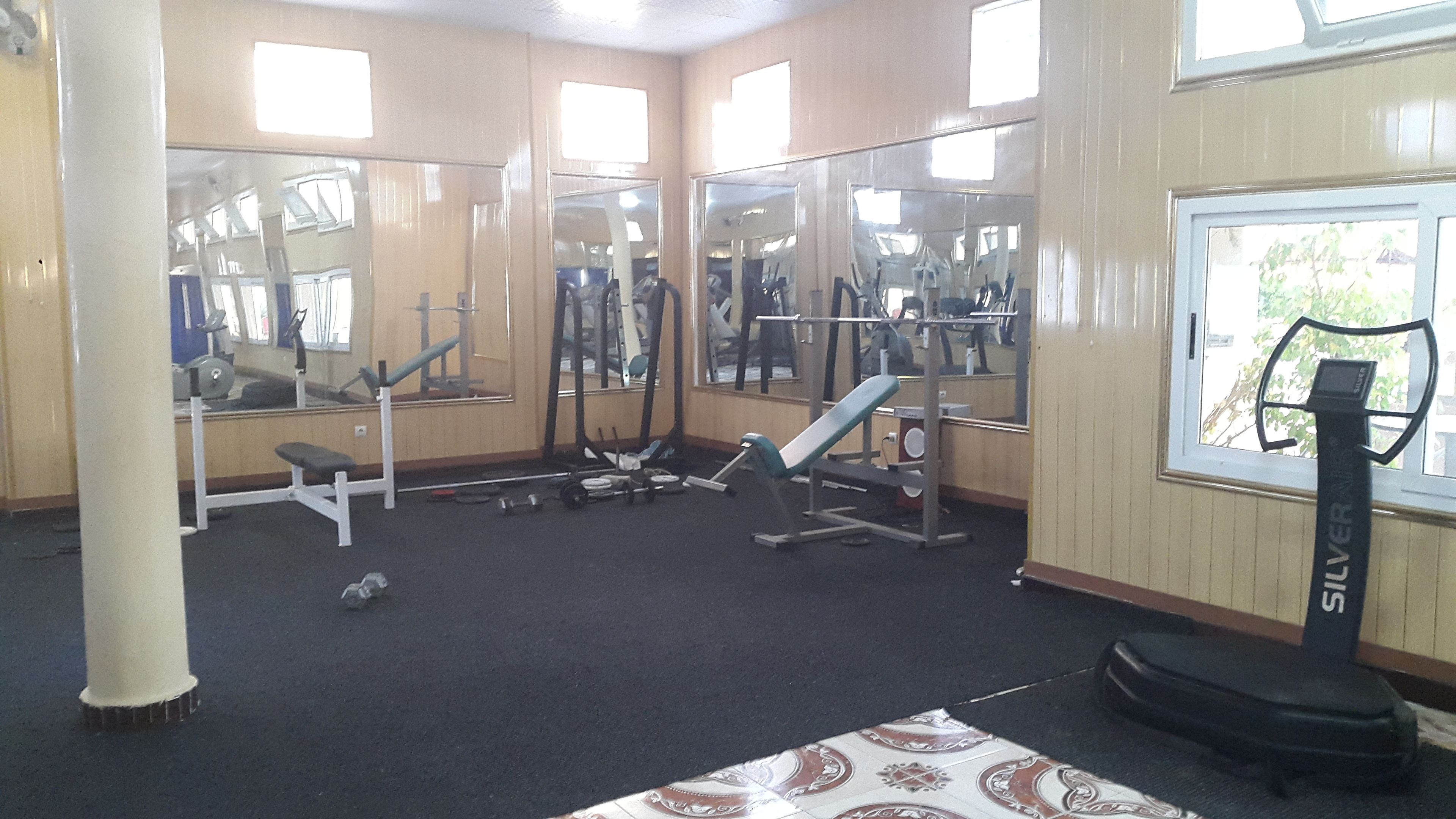 A gym with mirrored walls, various exercise equipment, and a window with a view of greenery.