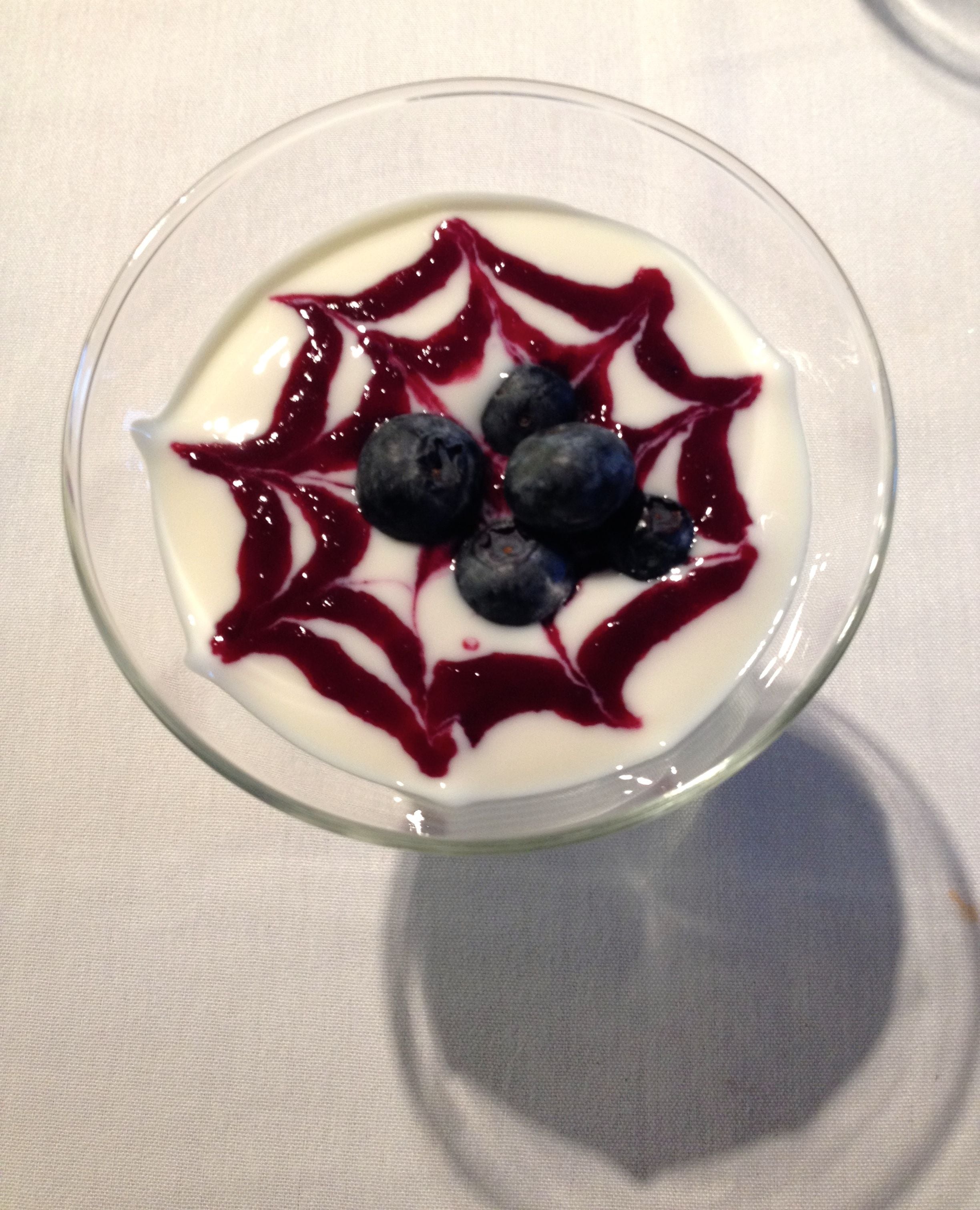 A glass bowl of dessert with blueberries and a red sauce, placed on a white surface.