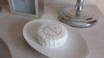 A white round object with text on a white plate.