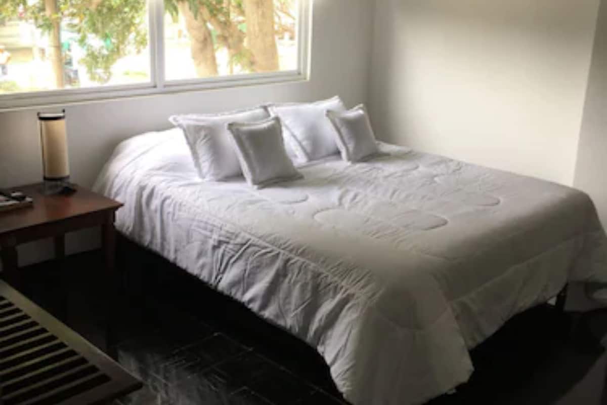 Une chambre à coucher avec un lit, une table de chevet, une lampe et une fenêtre avec des stores.