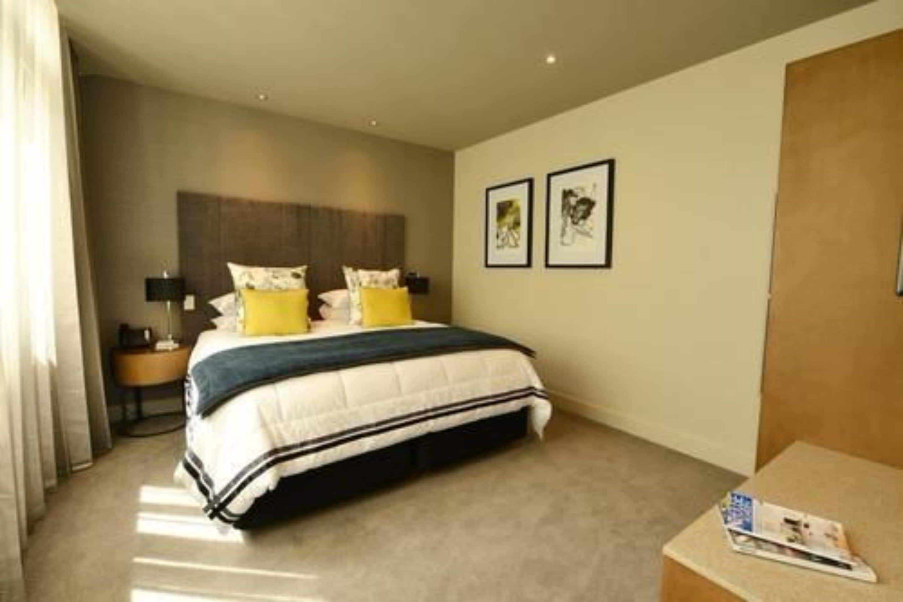 A modern hotel room with a large bed, a bedside table with a lamp, and two framed pictures on the wall.