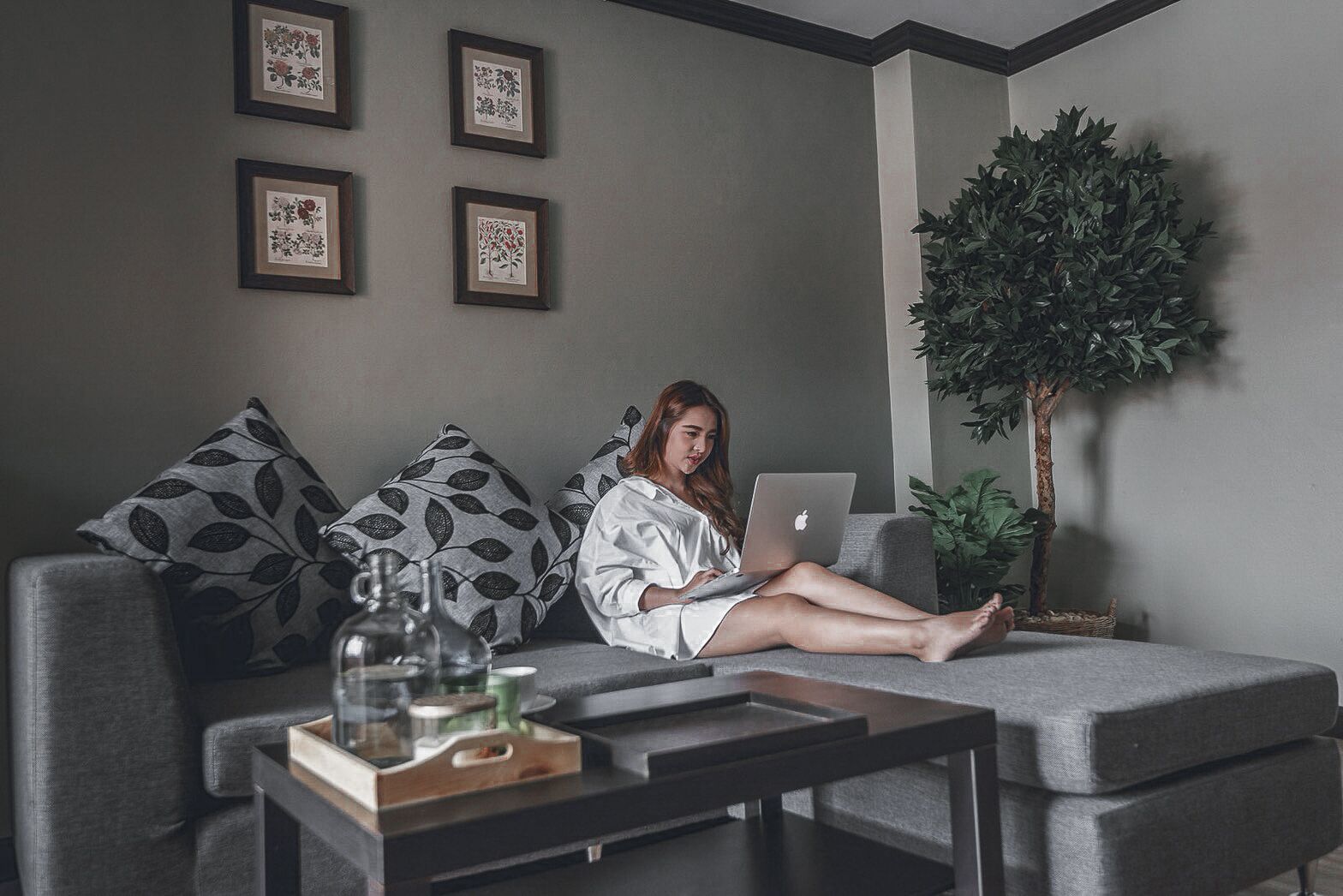 Eine Person sitzt auf einem grauen Sofa mit einem Laptop, umgeben von gerahmten Pflanzenabbildungen an der Wand.