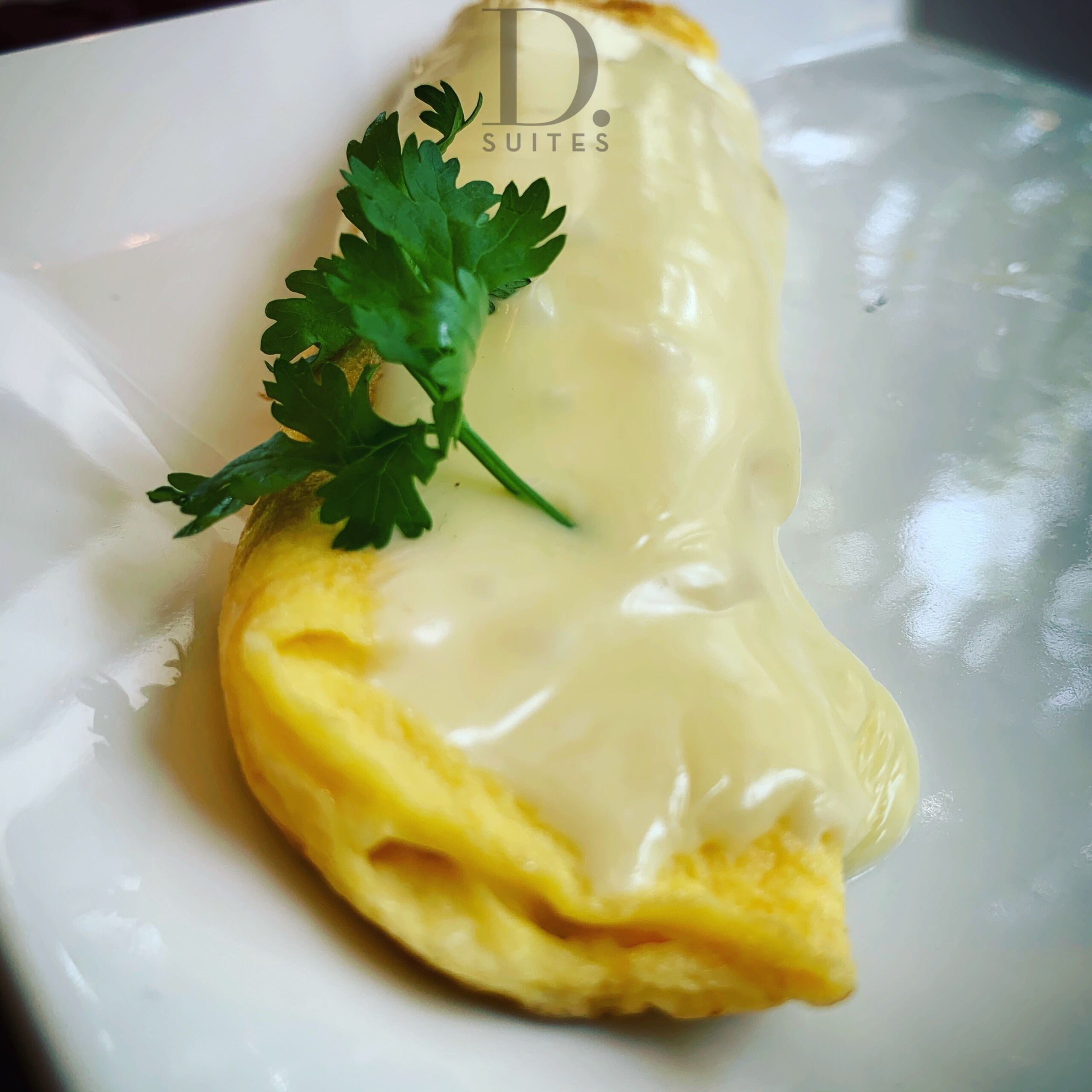 Une assiette avec une omelette et une garniture.