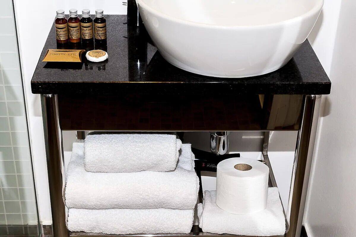 shower, free toiletries, hair dryer, towels