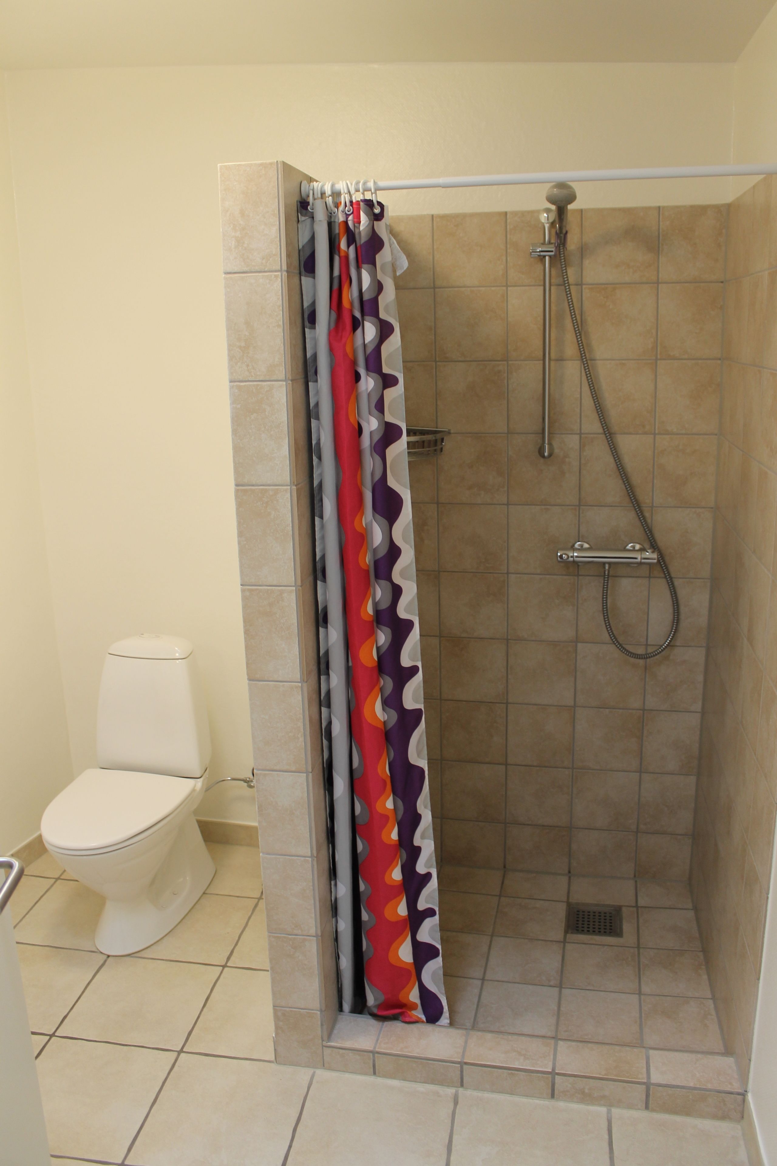 Un bagno con doccia, WC e tenda.