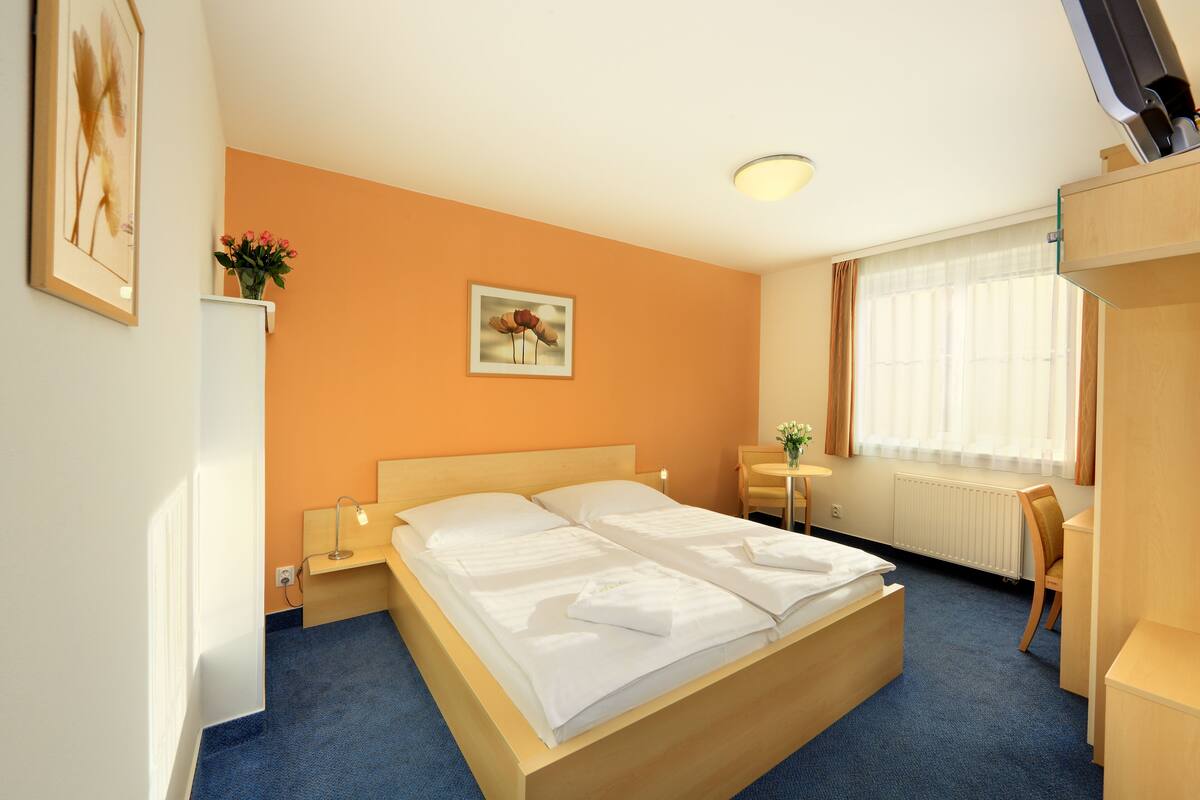 Une chambre d’hôtel avec un lit double, un bureau, une chaise, une petite table, un radiateur et une fenêtre avec des rideaux.
