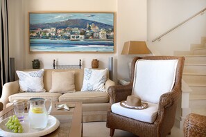 Villa, 4 Bedrooms, Sea View | Living area | 32-inch flat-screen TV with cable channels, LCD TV, DVD player - The Marble Resort (Chalcis)