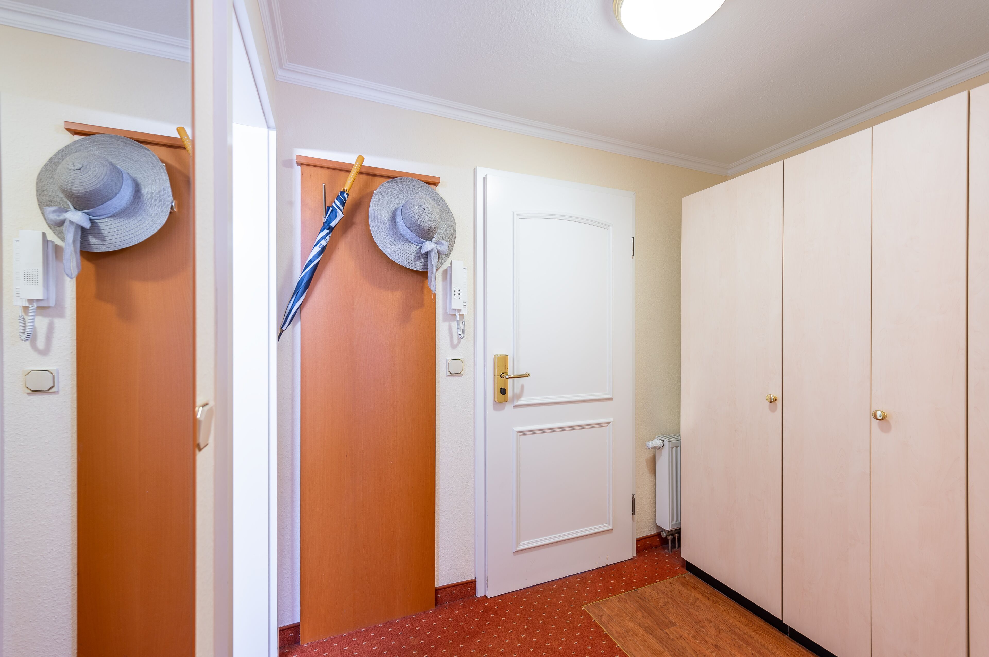 Een gang met twee deuren, waarvan er een een hoed aan heeft en een garderobe met meerdere deuren.