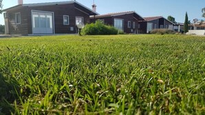 A grassy area with a row of houses in the background. - Lusitaurus (Redondo)