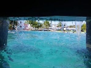 A clear view of a swimming pool with water splashing, surrounded by a tropical setting with palm trees and buildings in the background.