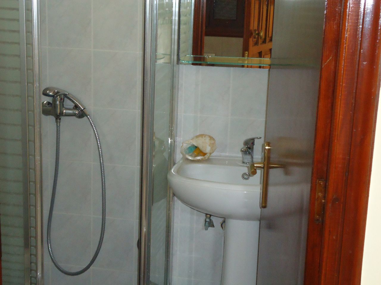 Ein Badezimmer mit einer gläsernen Duschkabine, einem Waschbecken und einer Holztür.