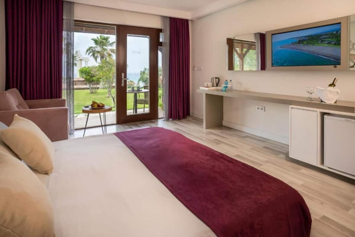Habitación de hotel con cama, escritorio, televisor y vista al exterior.