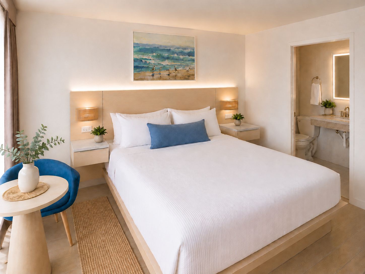 A hotel room with a large bed, bedside tables, a nightstand, a chair, a small table, a potted plant, a painting, and a bathroom with a mirror and sink.