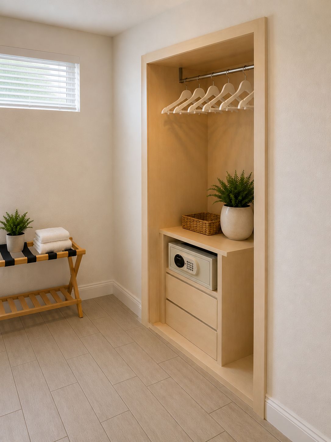 A walk-in closet with a hanging rod, a storage unit, and a small table with towels and plants.