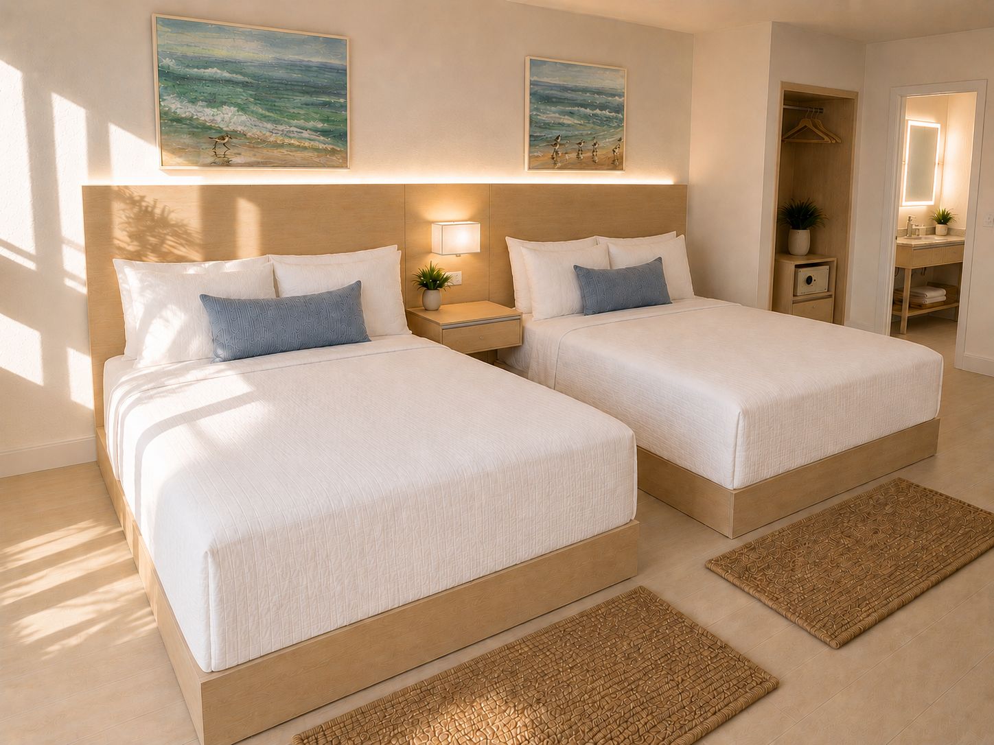 Habitación de hotel con dos camas, una mesita de noche, un espejo y obras de arte en la pared.