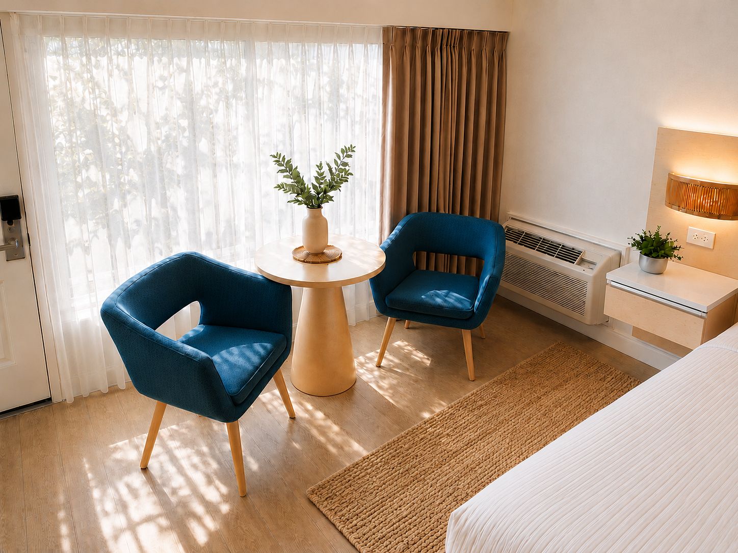 A hotel room with two blue chairs, a small round table, a bed, a bedside table with a lamp, a potted plant, and a window with curtains.