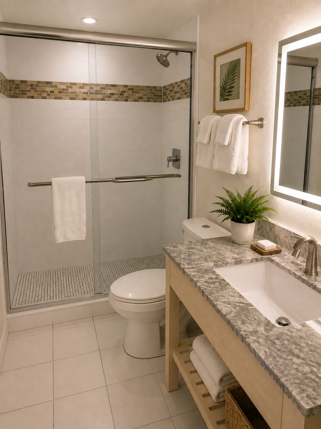 A modern bathroom with a glass-enclosed shower, a toilet, a sink with a marble countertop, and a potted plant.