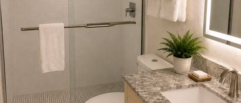 A modern bathroom with a glass-enclosed shower, a toilet, a sink with a marble countertop, and a potted plant.