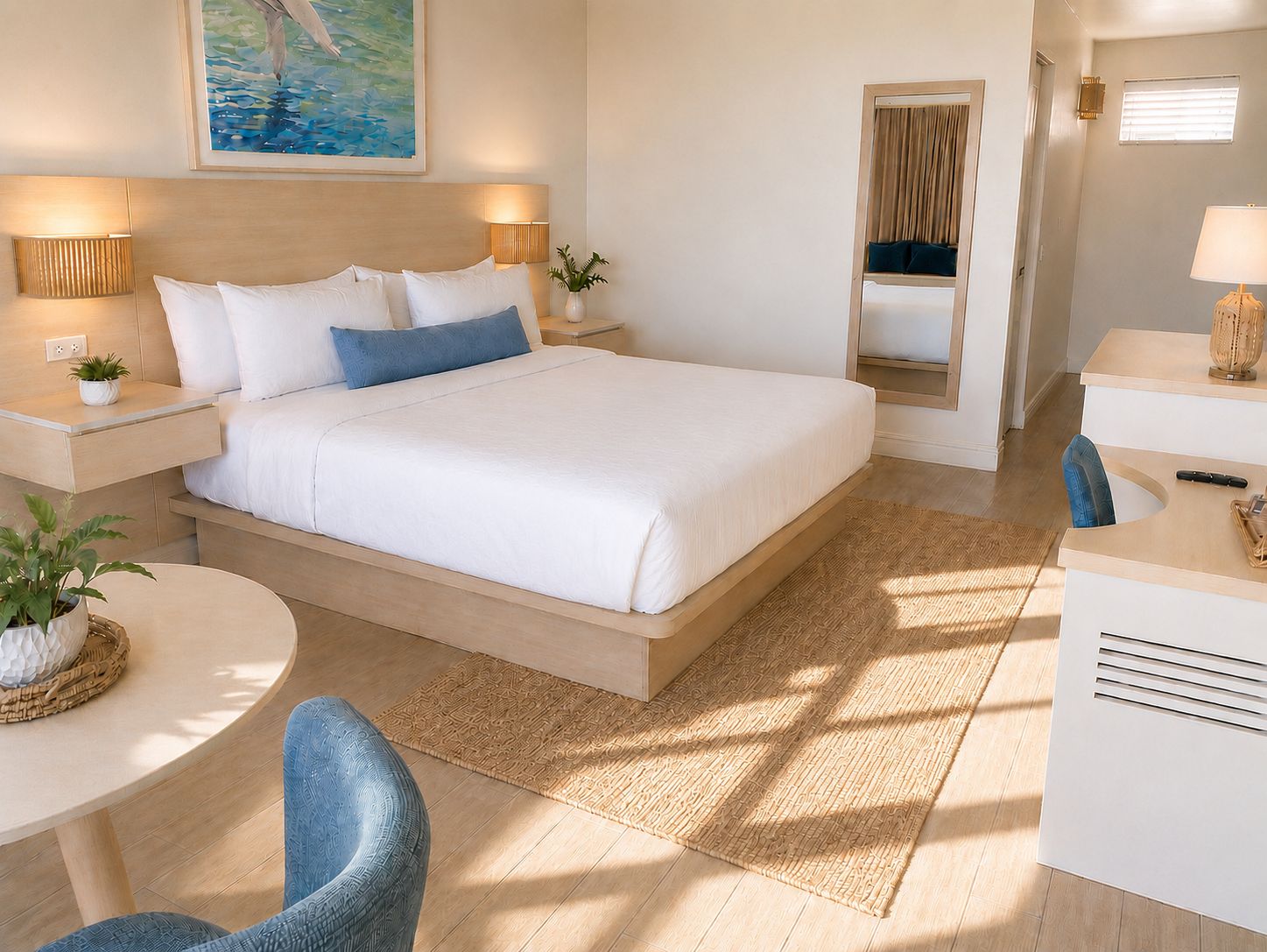 Een hotelkamer met een groot bed, bedlampen, een klein tafeltje met een plant, een stoel en een bureau met een lamp.