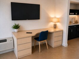 A modern room with a desk, chair, TV, lamp, and a small plant.