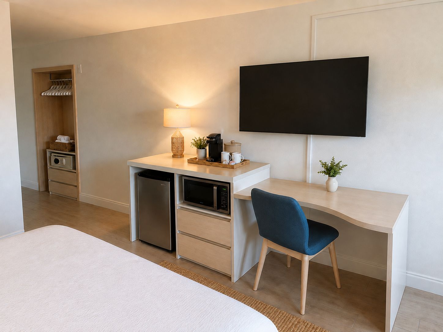 Habitación de hotel con cama, escritorio con silla, televisor, refrigerador pequeño, microondas y armario con perchas.