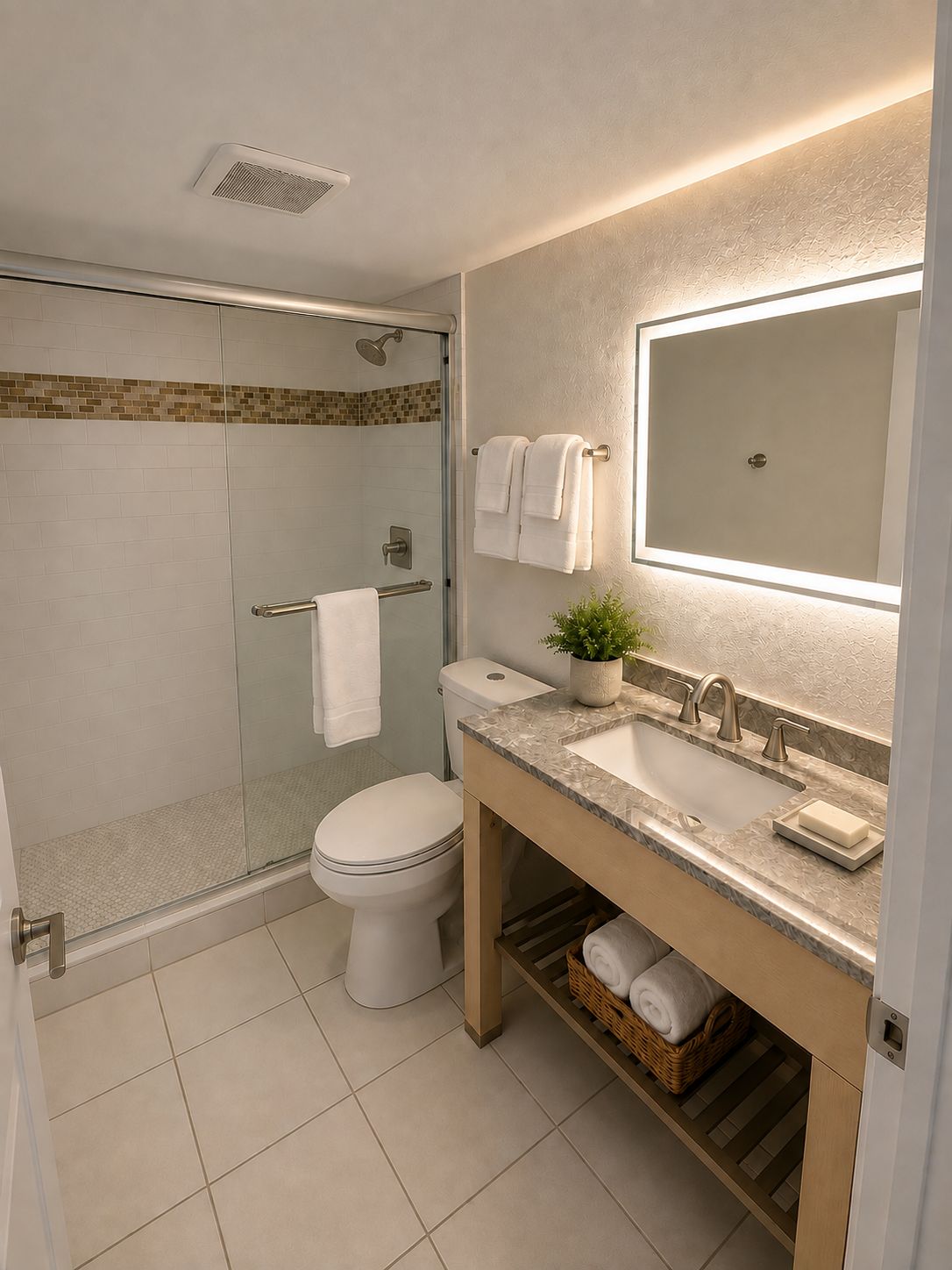 A modern bathroom with a glass-enclosed shower, a toilet, a sink with a marble countertop, and a mirror above the sink.