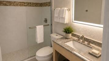 Een moderne badkamer met een douchecabine van glas, een toilet, een wastafel met een marmeren blad en een spiegel boven de wastafel.