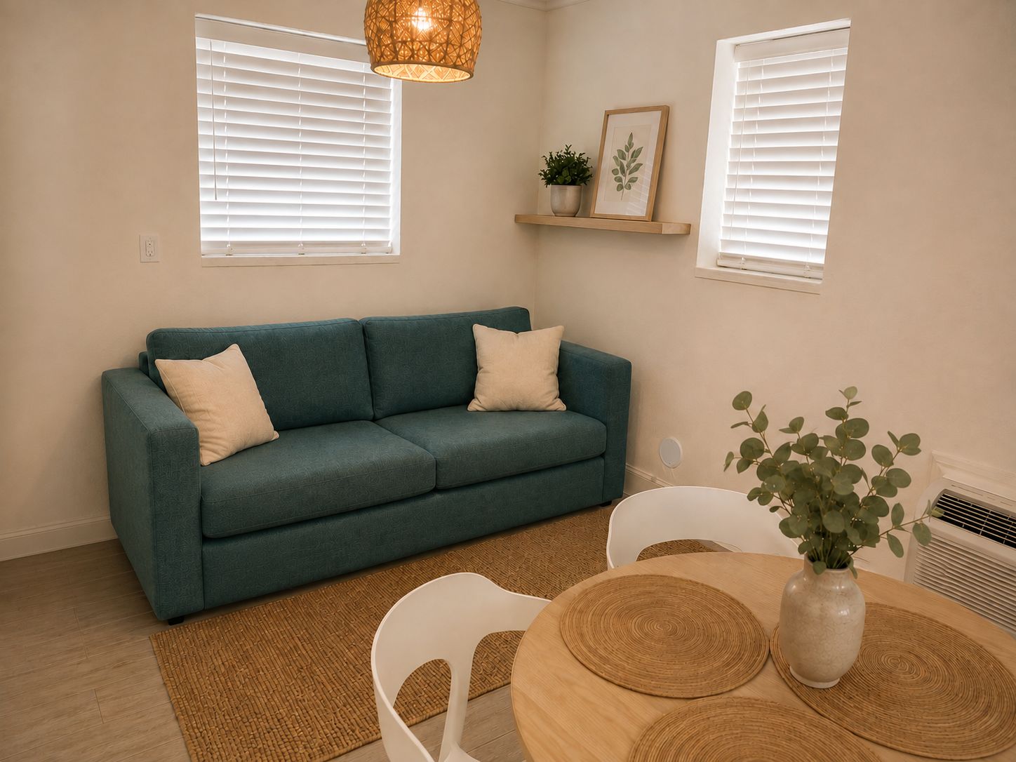 A teal sofa with two cushions, a small plant on a shelf, and a round wooden table with a vase.