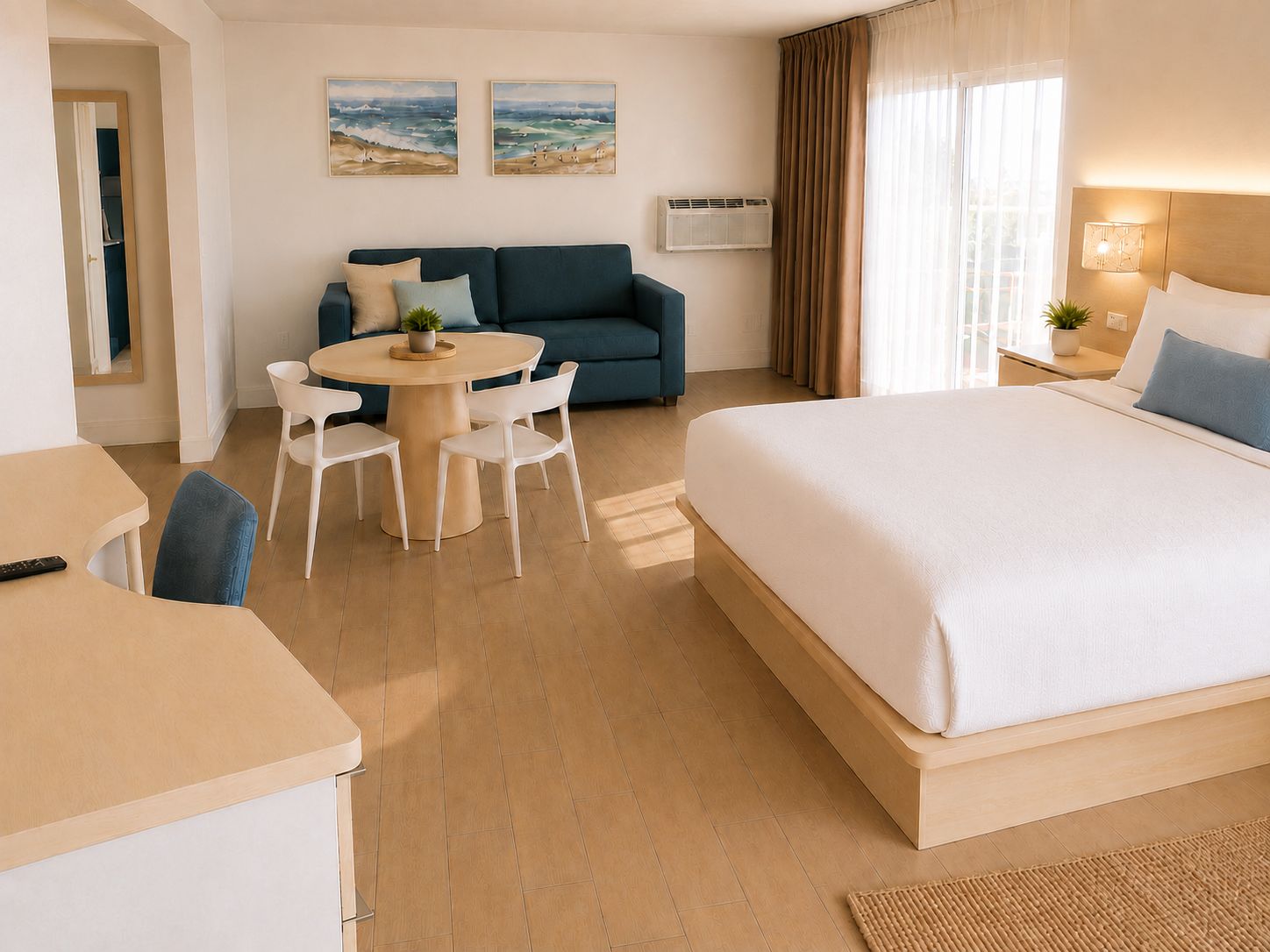 Une chambre d’hôtel comprenant un lit, une table de salle à manger ronde avec des chaises, un canapé et deux tableaux accrochés au mur.