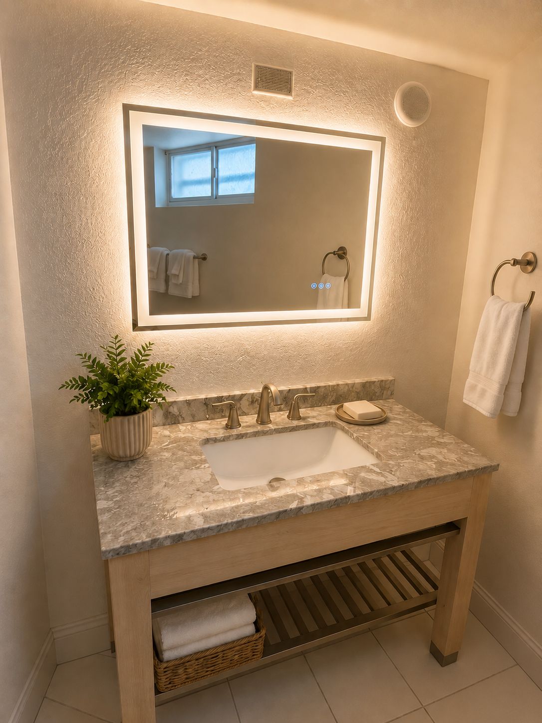 Une salle de bain avec un lavabo en marbre, un miroir doté d’un éclairage intégré, une plante en pot et un porte-serviettes.