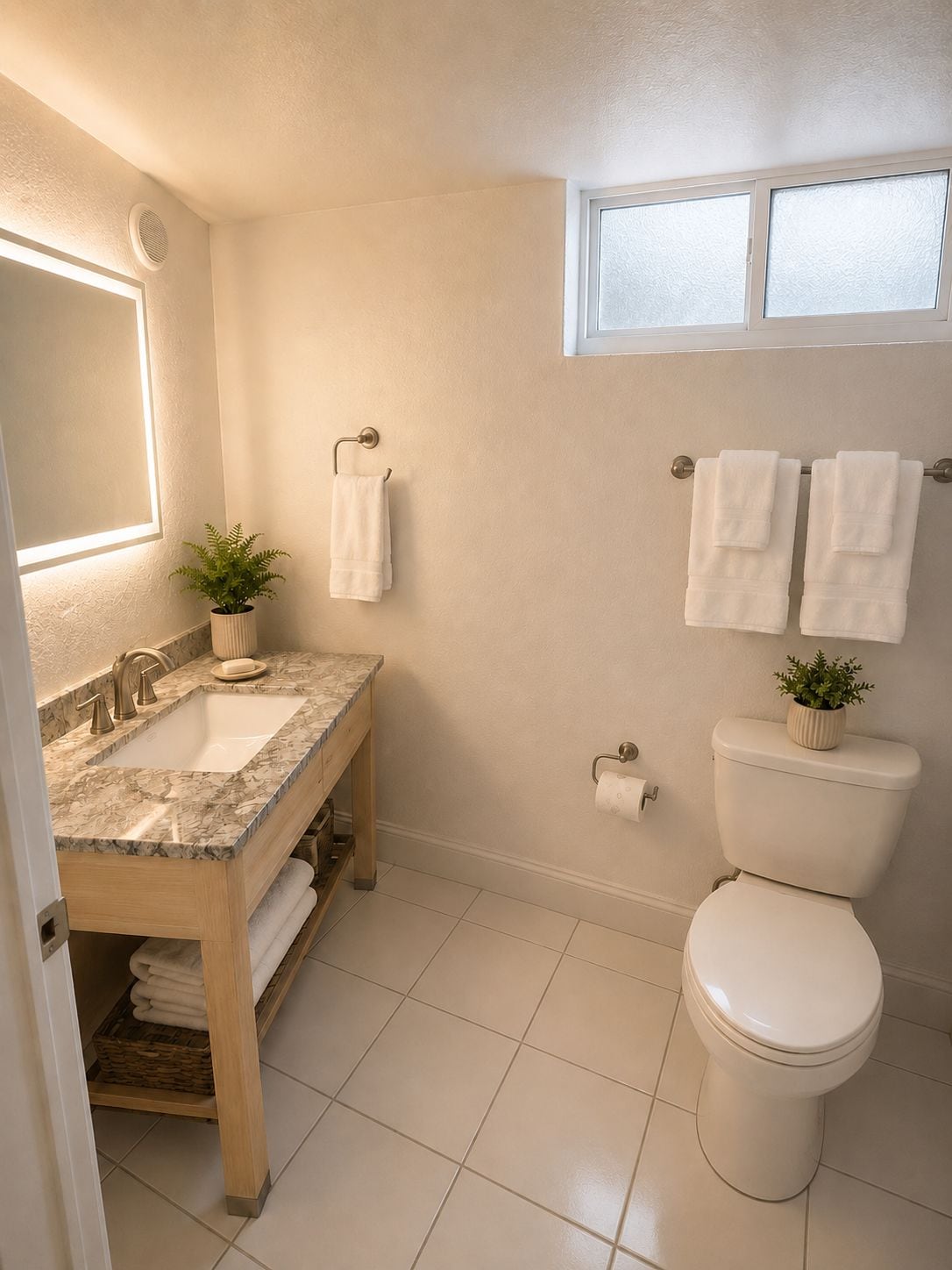 A bathroom with a marble sink, a toilet, and a window.
