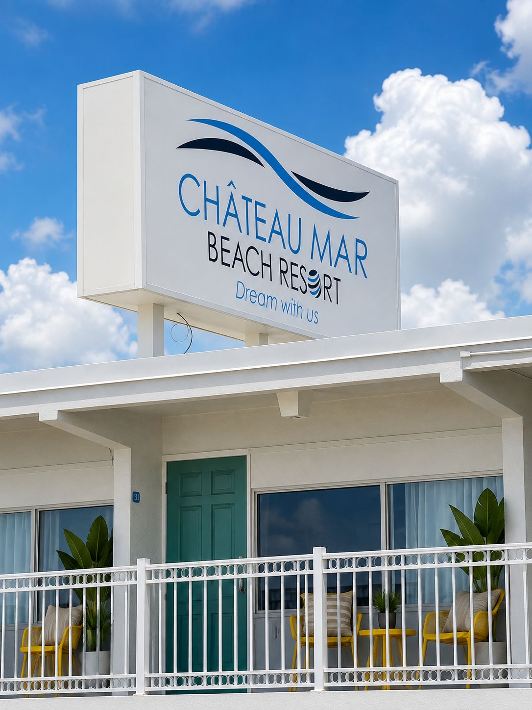 A sign for Château Mar Beach Resort with a clear sky in the background.